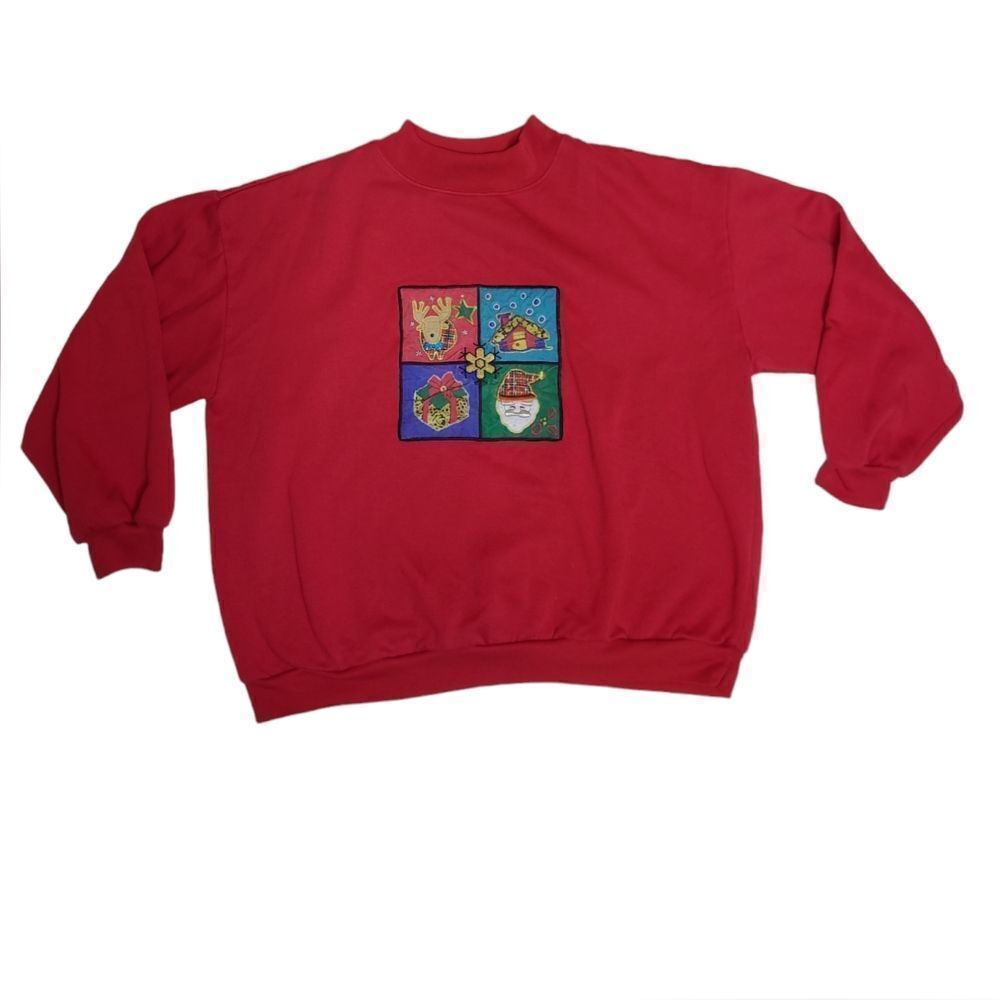 VINTAGE 90s red crew neck embroidered Christmas holiday‎ sweatshirt sweater L